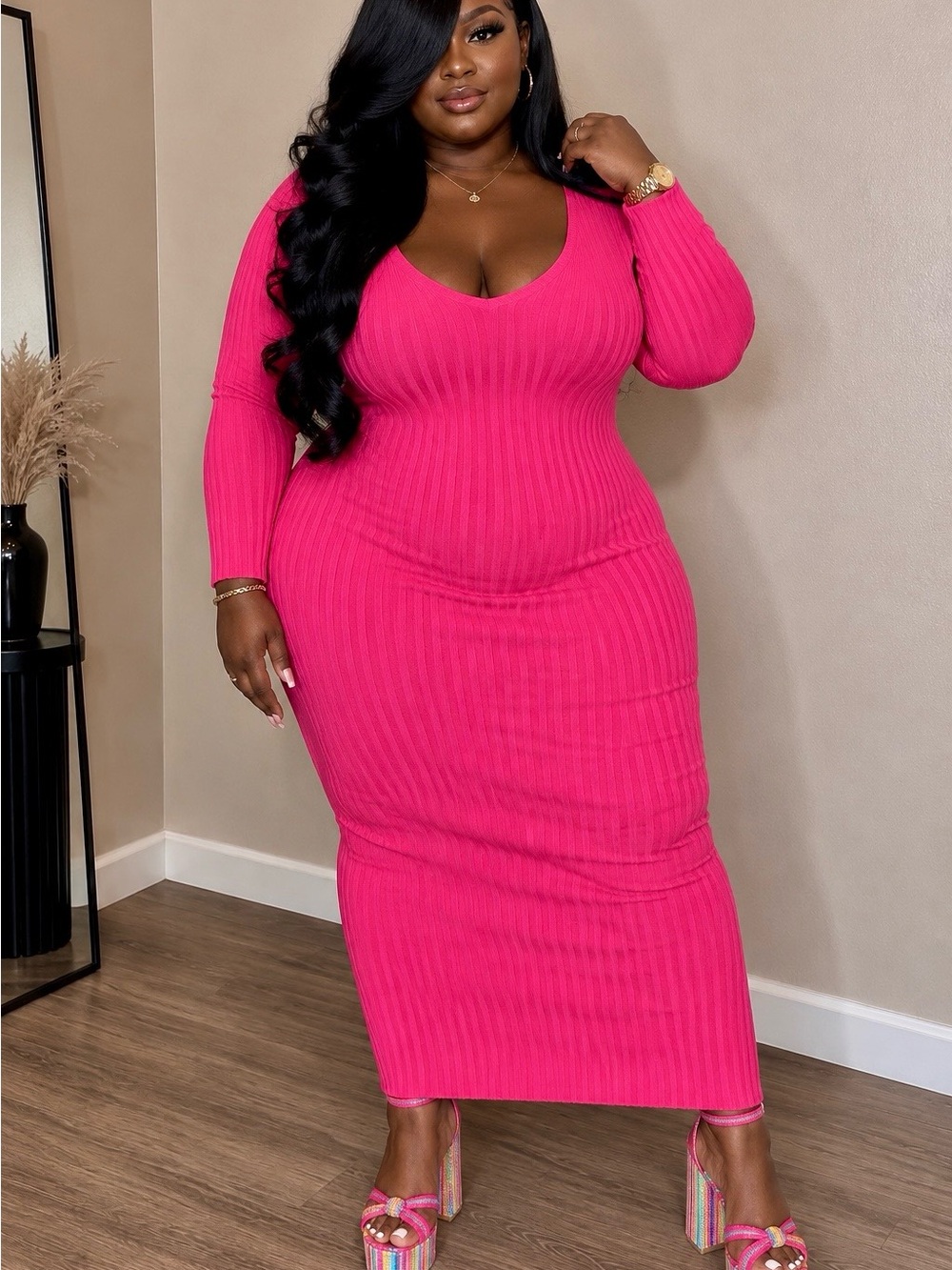 Fashion Nova Kallan Knit Maxi Dress Hot Pink Plus Size 3X NWT